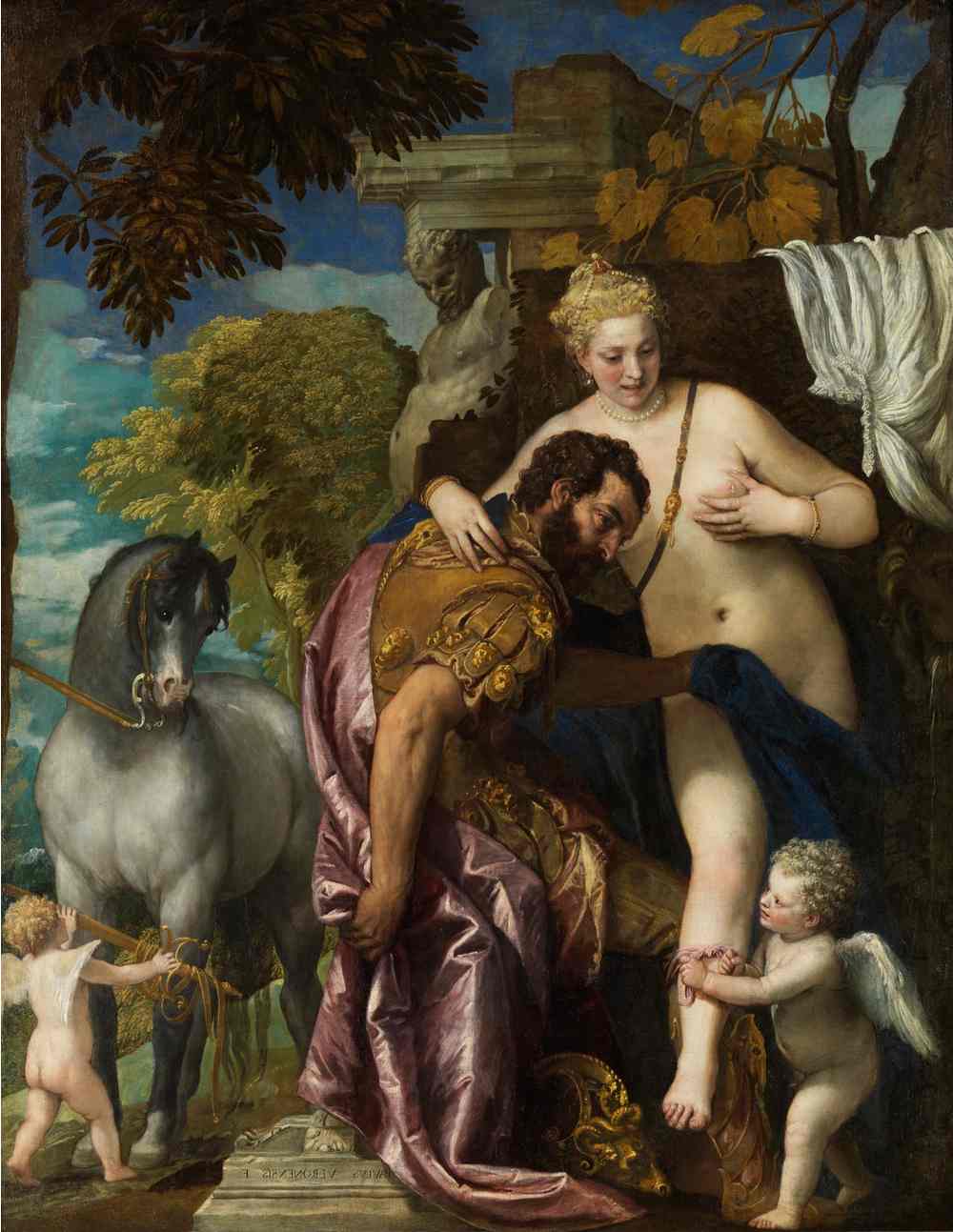 A Cupid Greek mythology painting, where he is tying a love knot around his parents, Venus and Mars.