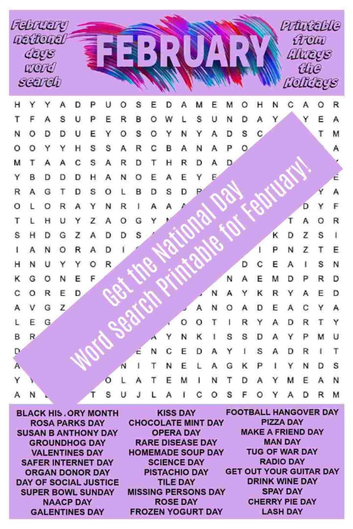 February Word Search Printable - National Days Word Find Puzzle