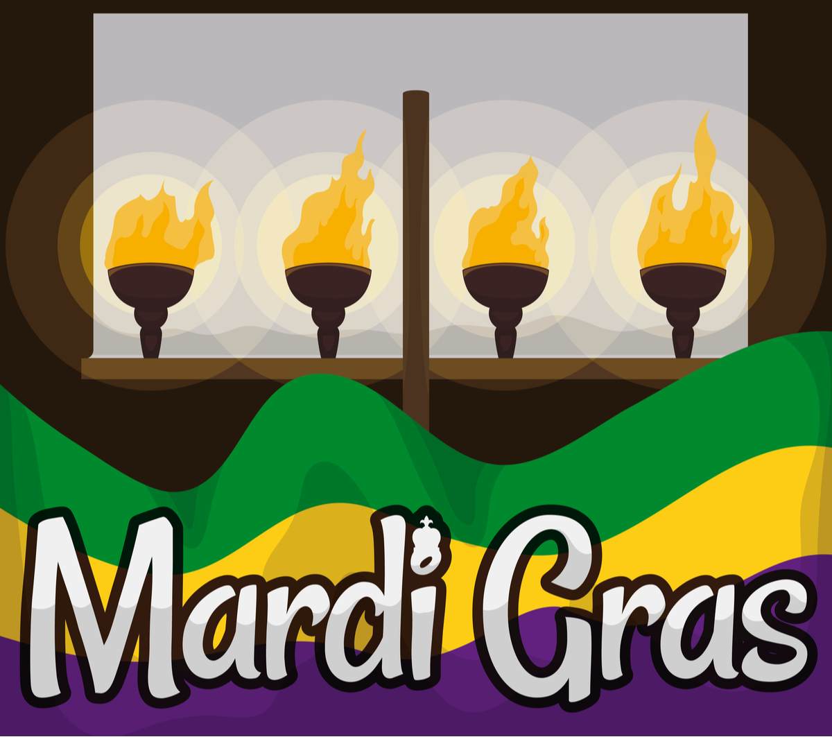 A cartoon image of a modern day flambeaux set up, with a Mardi Gras flag in the foreground of the image.