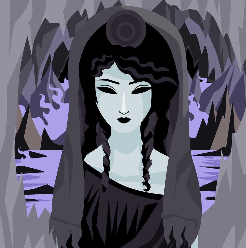 A cartoon of Persephone, the queen of the underworld standing in a cave.