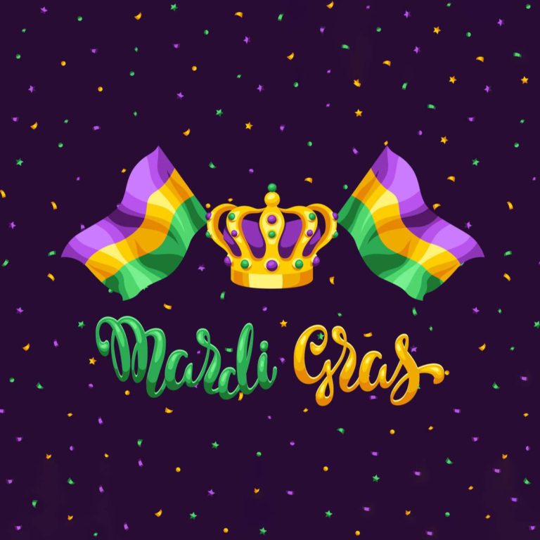 A purple background with green and gold flecks on it, with a crown in the center two flags of Mardi Gras colors, and the words "Mardi Gras" in cursive.
