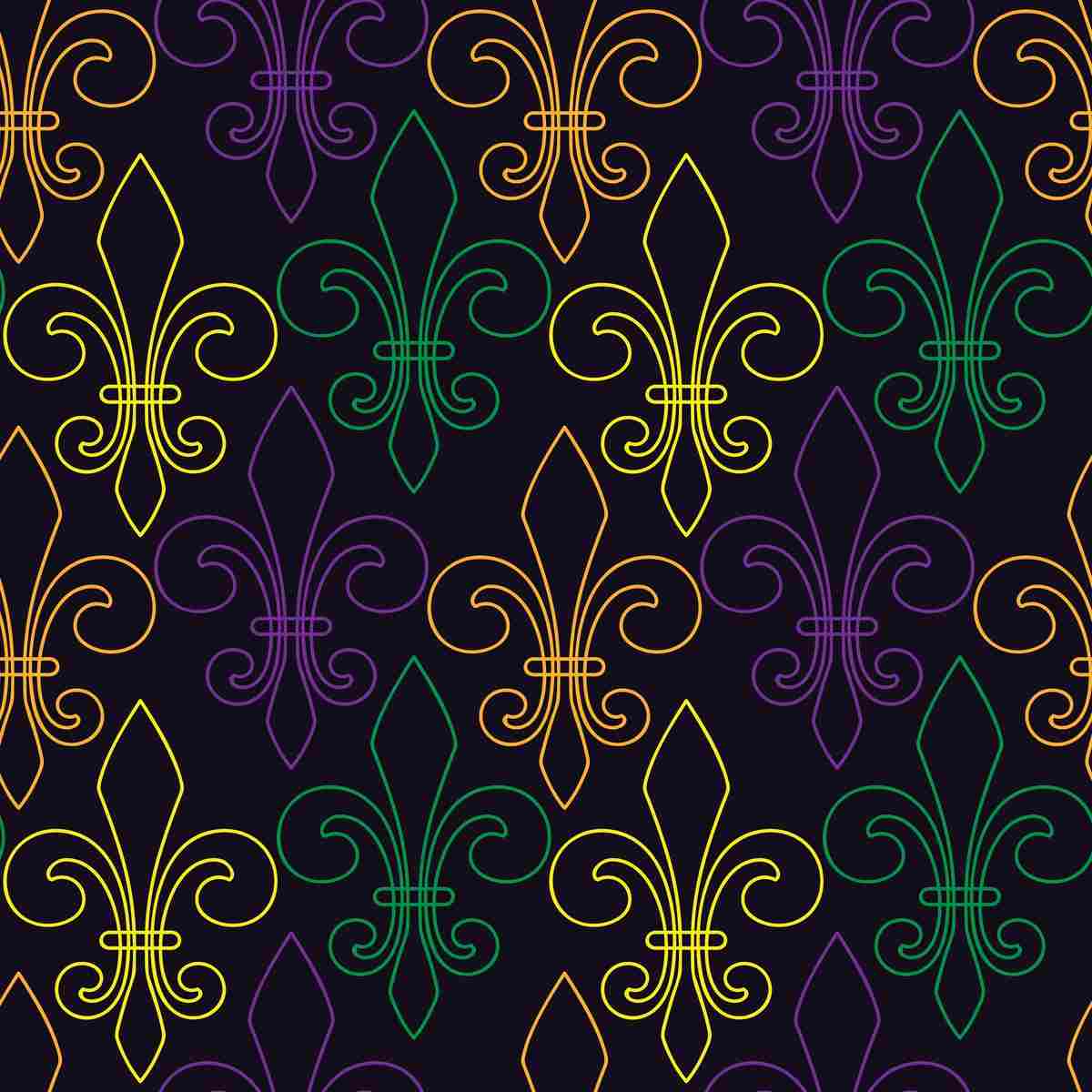 Green, gold and purple images of the fleur de lis repeating across a black background for Mardi Gras.