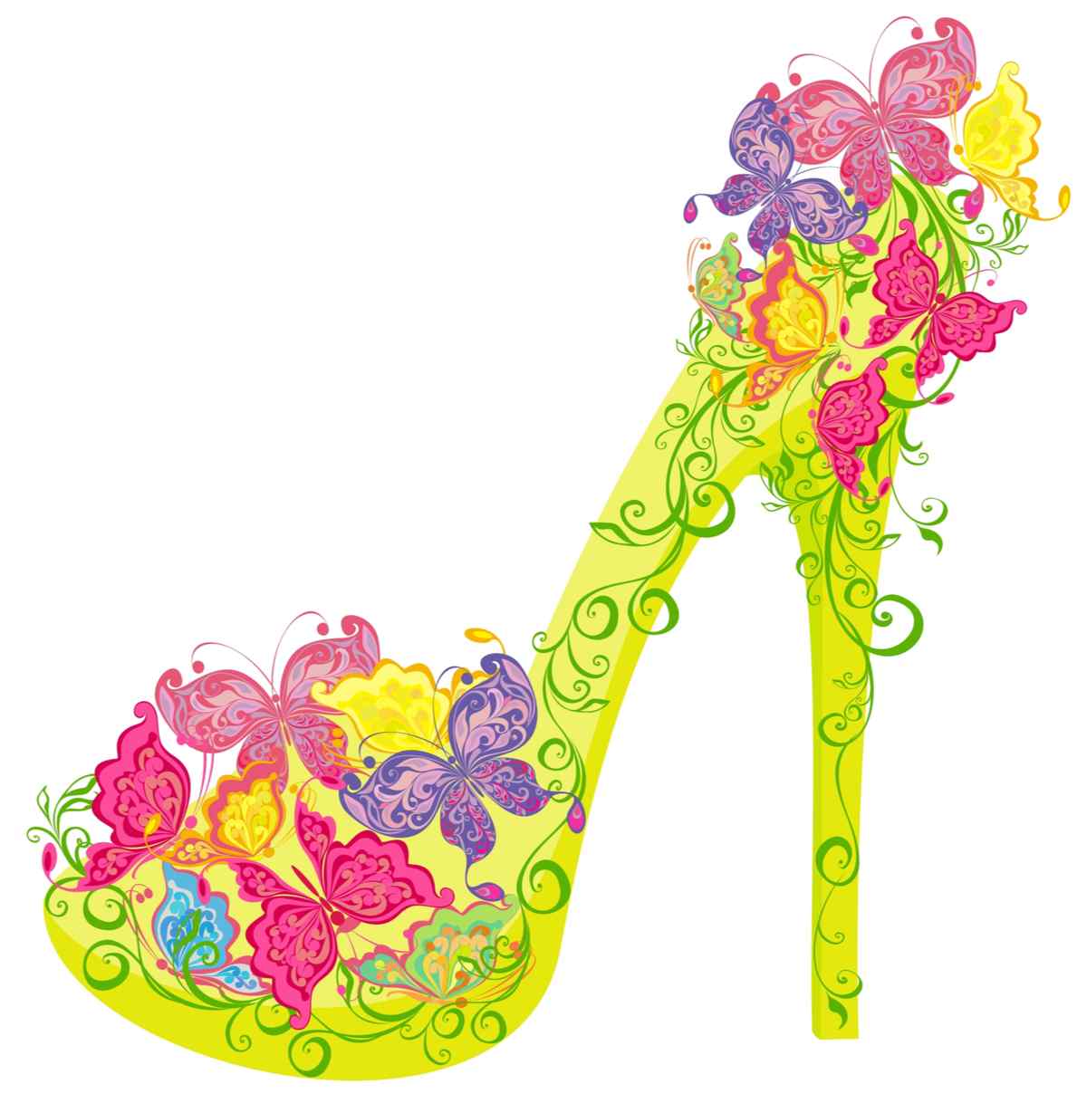 An elaborately decorated illustration of one of the Muses shoes handed out at Mardi Gras as signature throw - this particular shoe is lime green with butterflies on the heel and toe.