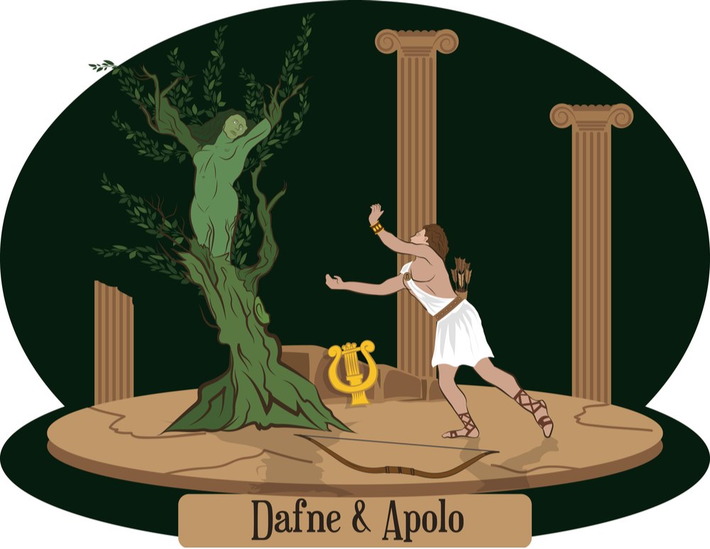 An illustration of the story of Daphne and Apollo where Apollo is chasing Daphne and she turns into a Laurel tree.