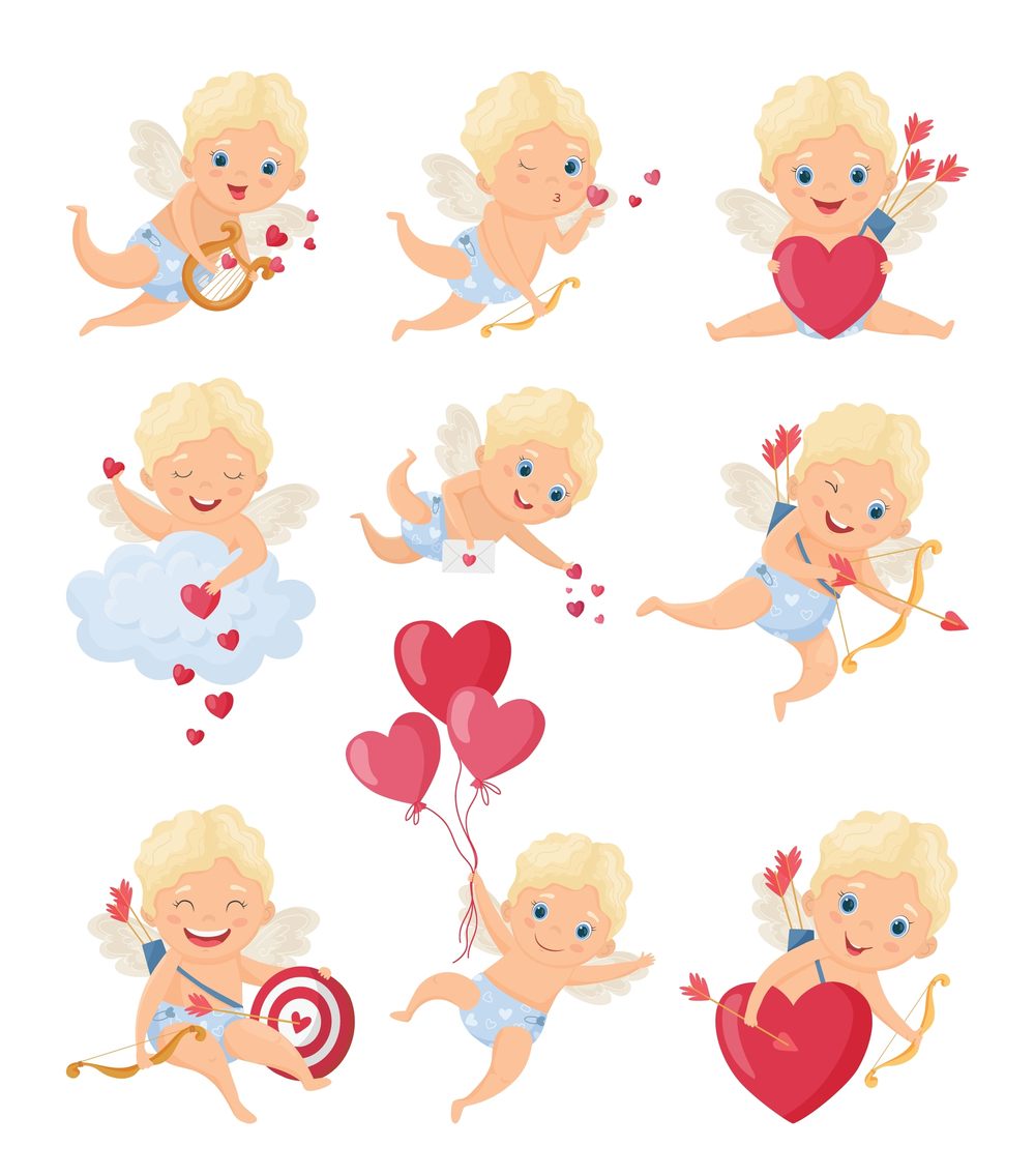 Nine cartoon Valentine's Day Cupid images, each one doing something different, like holding heart shaped balloons, shooting arrows, playing a lyre, spreading love and smiling.