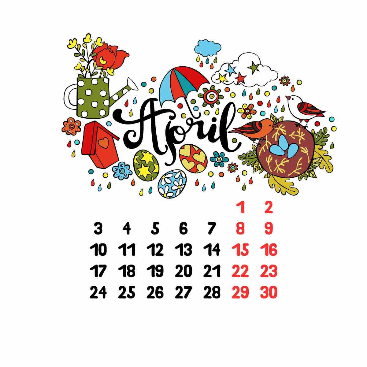 April calendar with flowers and Easter Eggs.