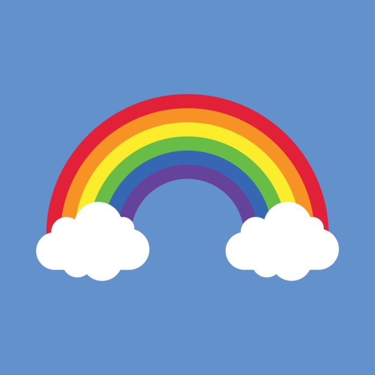 A rainbow image in the middle of a blue background that symbolizes the sky, and there are is a cloud at each end of the rainbow.