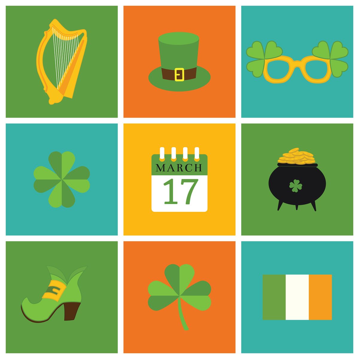 A grid of nine squares each with a different symbol of St. Patrick's Day, including a harp, a leprechaun hat, shamrock glasses, a four leaf clover, a calendar flipped to March 17, a pot of gold, a leprechaun shoe, a shamrock and the flag of Ireland.