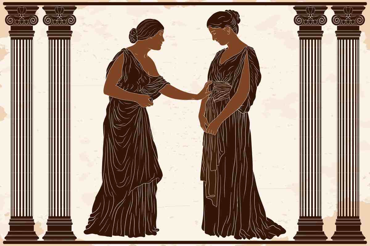 Two women in a neutral tones, one of them is placing her hand on the other woman's belly, because she is a fertility goddess.
