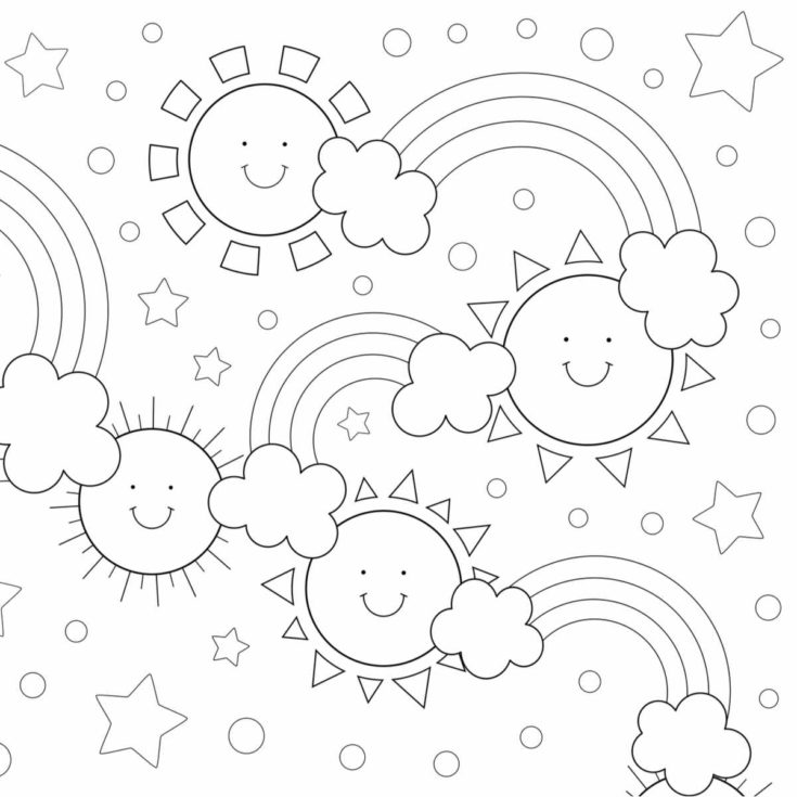 A rainbow coloring sheet with four rainbows, four suns, and six clouds, with little stars all around them.
