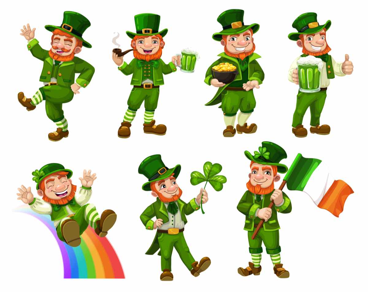 Seven different St. Patrick's Day leprechauns doing various things like holding a flag of Ireland, sliding down a rainbow and holding a shamrock.