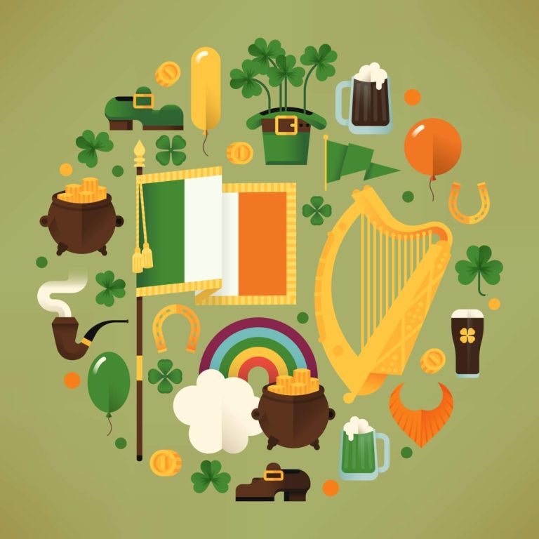 A light green background with various St. Patrick's Day symbols on it, like the harp which is the symbol of Ireland, the flag of Ireland, a pint of Guinness, a pot of gold, a pipe and more items that symbolize St. Patrick's Day.
