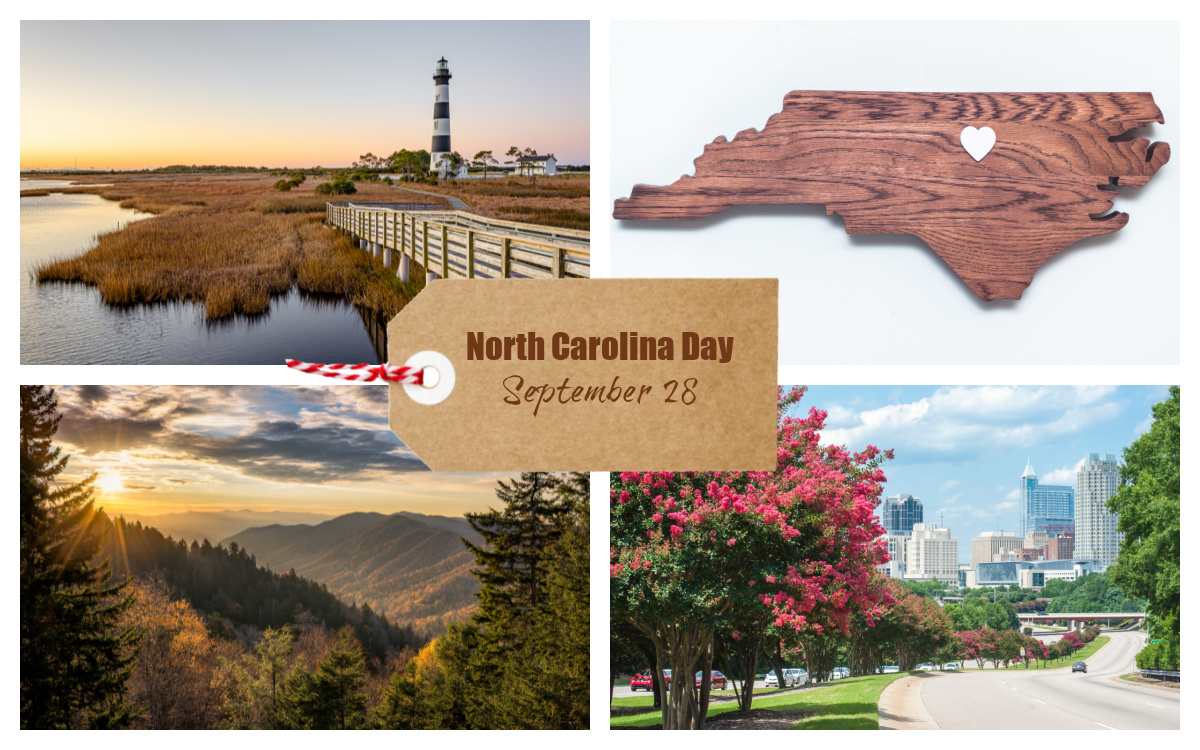 North Carolina images in a collage with words North Carolina Day September 28.