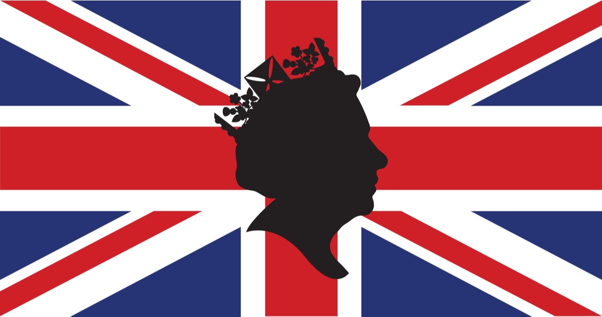 A union jack flag of the United Kingdom with a silhouette of the Queen over it.