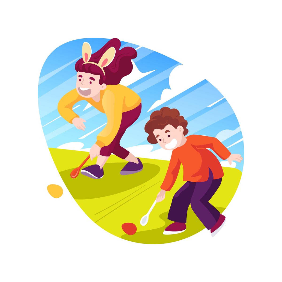 A clipart image of two children participating in the Easter Egg Roll at the White House with the background behind them shaped like an Easter egg.