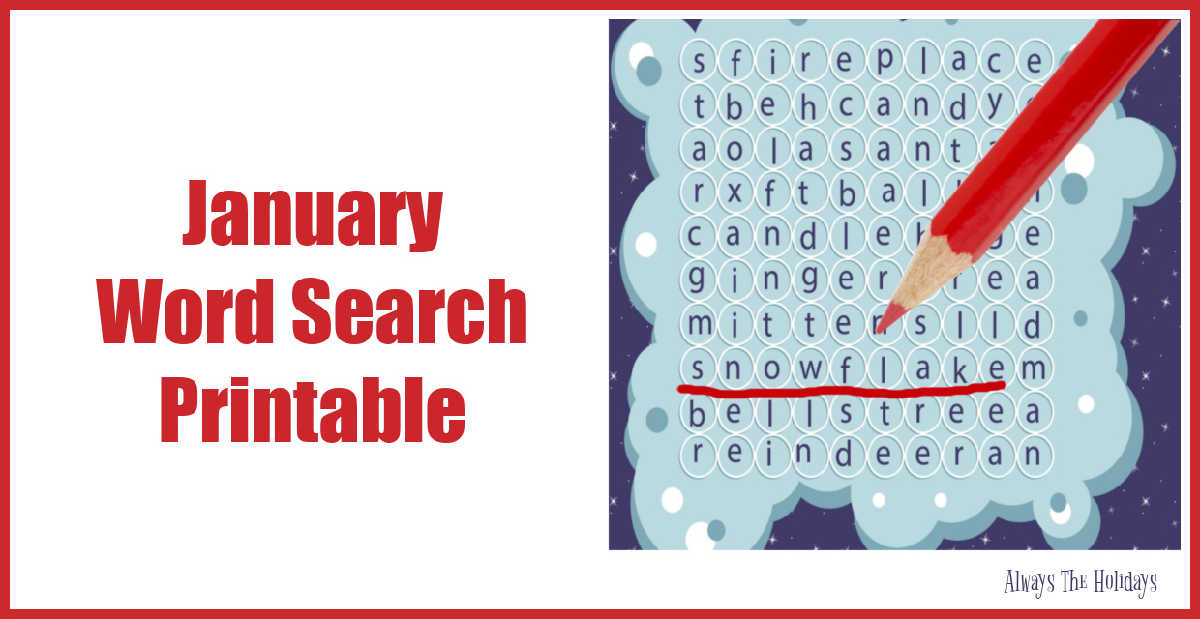 Word puzzle with red pencil and words January word search printable.