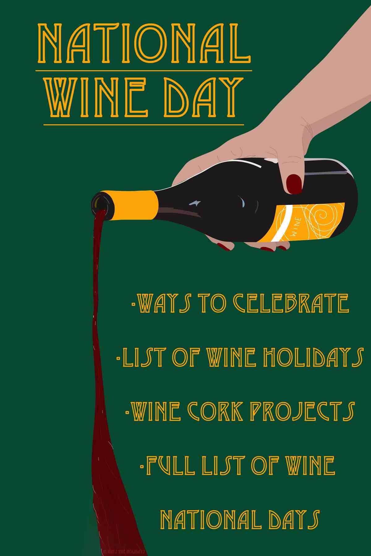 A clipart hand pouring a bottle of red wine on a green background with a text overlay that reads "National Wine Day, ways to celebrate, list of wine holidays, wine cork projects and full list of wine national days".