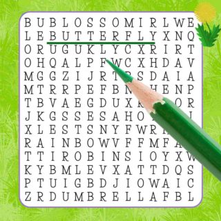 An April word search printable with a green pencil and word butterfly underlined.