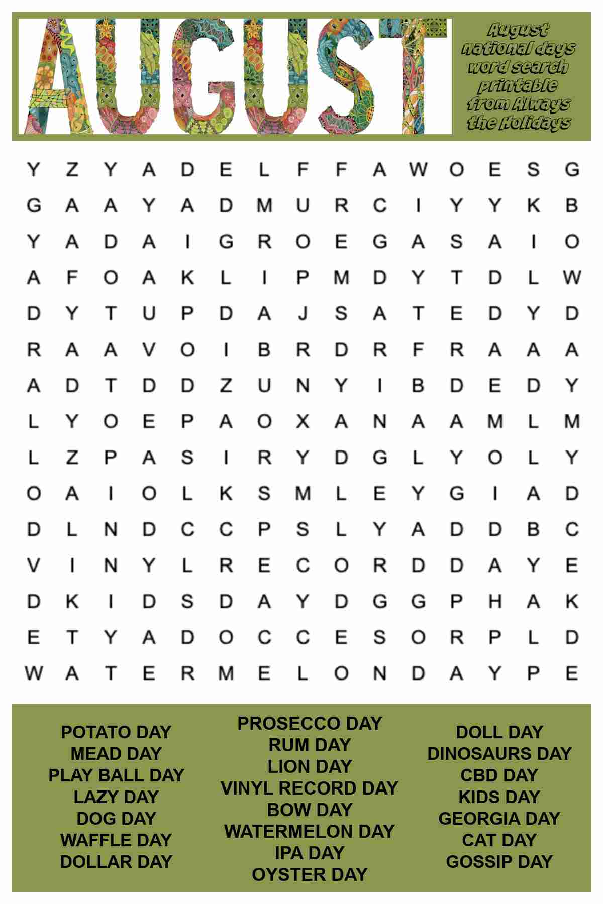 An August word search printable with the word "August" at the top made from colorful shapes, a word find in the middle, and a word bank over a green background at the bottom of the image.