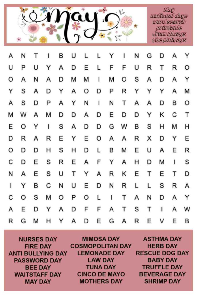 May Word Search Printable - National Days Word Find Puzzle