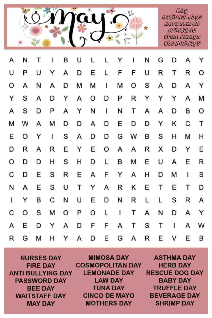 May Word Search Printable - National Days Word Find Puzzle