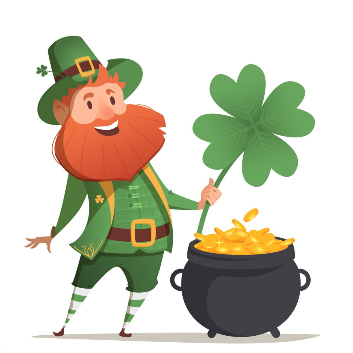 A leprechaun dressed in green with a red beard holding a four leaf clover next to his pot of gold.