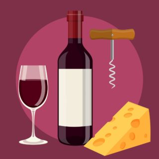 A cartoon image of a wine glass, wine bottle, wedge of cheese and corkscrew against a burgundy background for National Wine Day.