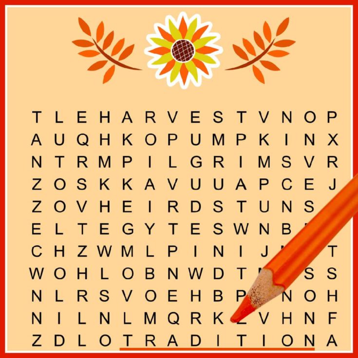 Word search printable puzzle with orange pencil.