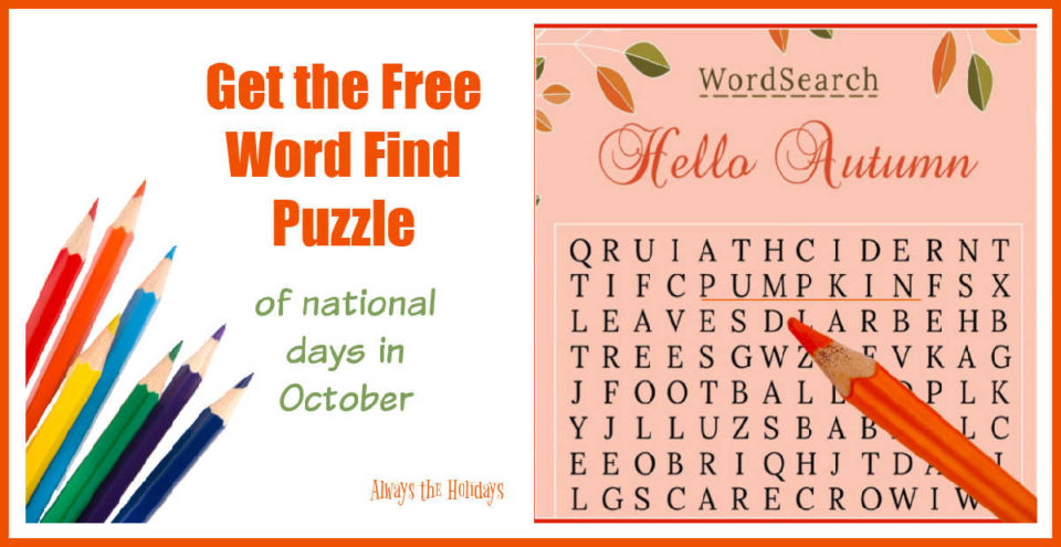 October Word Search Printable - National Days Word Find Puzzle