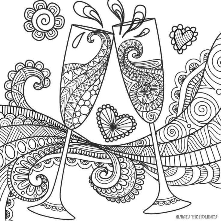 A wine coloring page with two champagne flutes clinking and swirls around them.