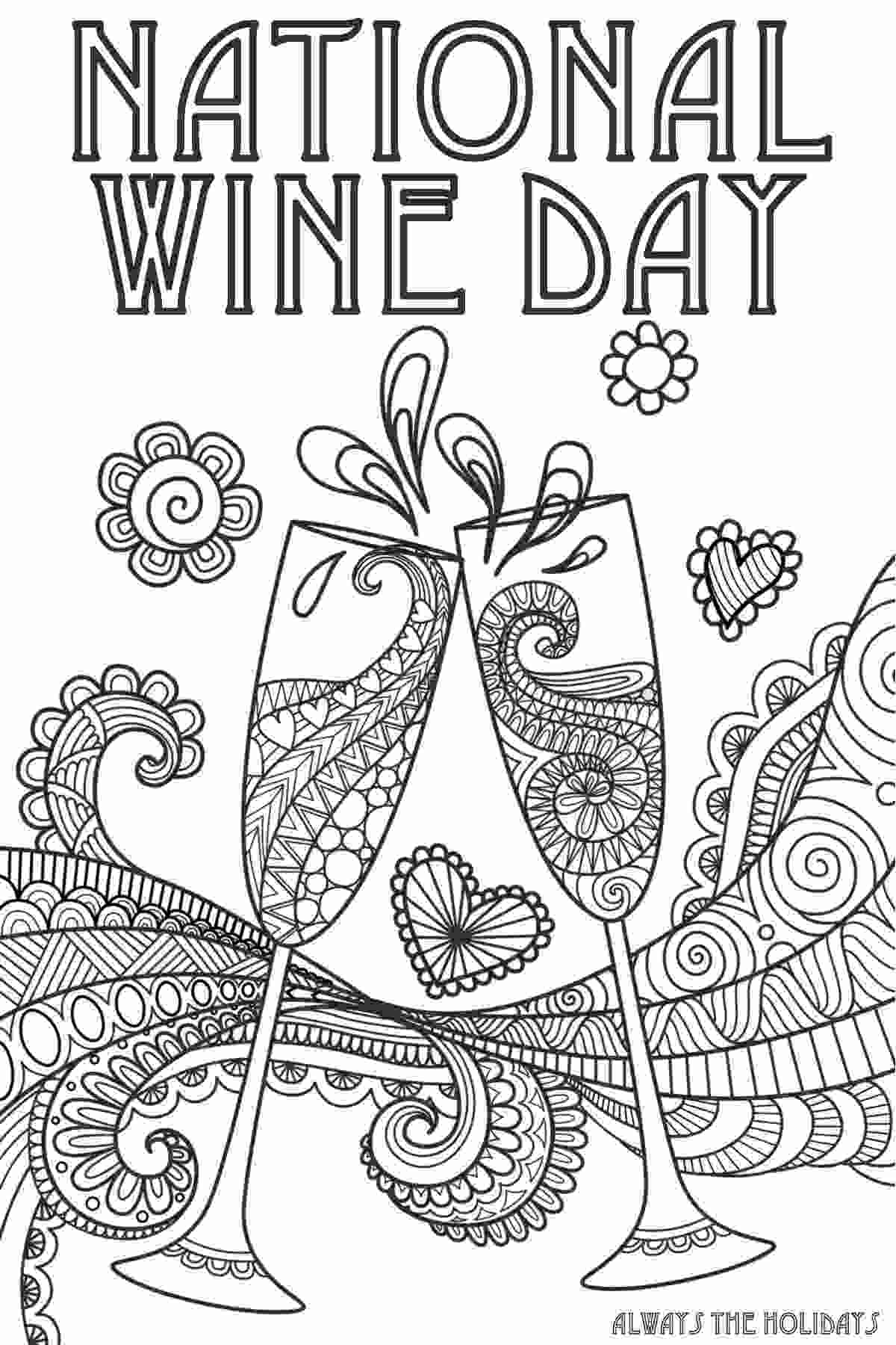 A wine coloring pages that reads "National Wine Day" picturing two champagne flutes clinking with swirls and abstract shapes around them.