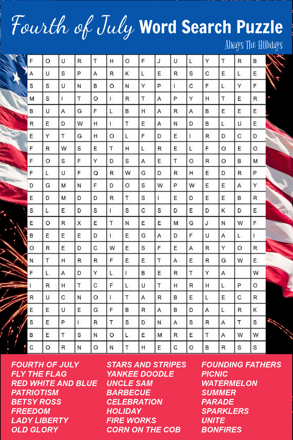 Fourth of July word search puzzle with list of words to find.