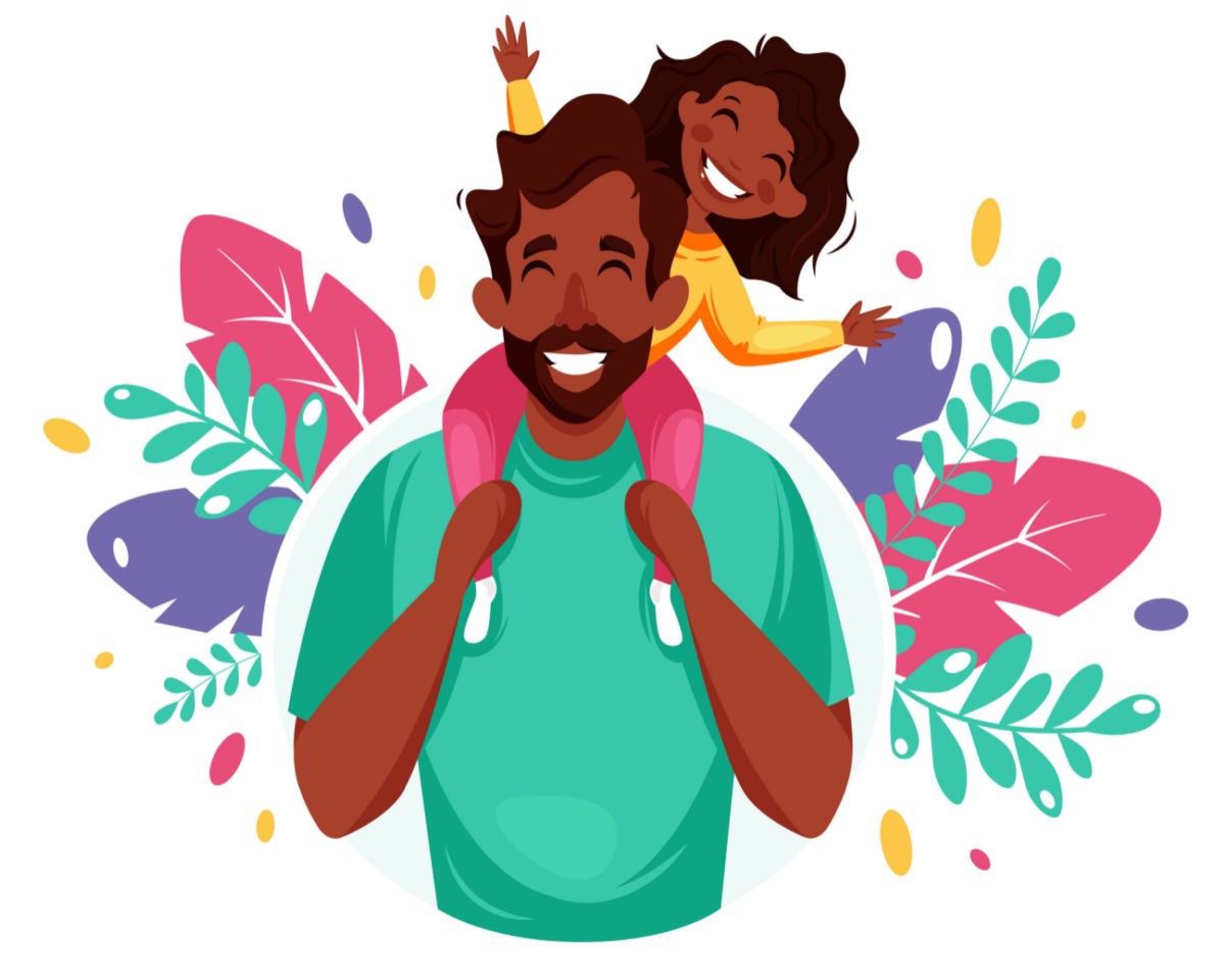 A clip art image of a father holding his daughter on his shoulders surrounded by leaves on Father's Day.