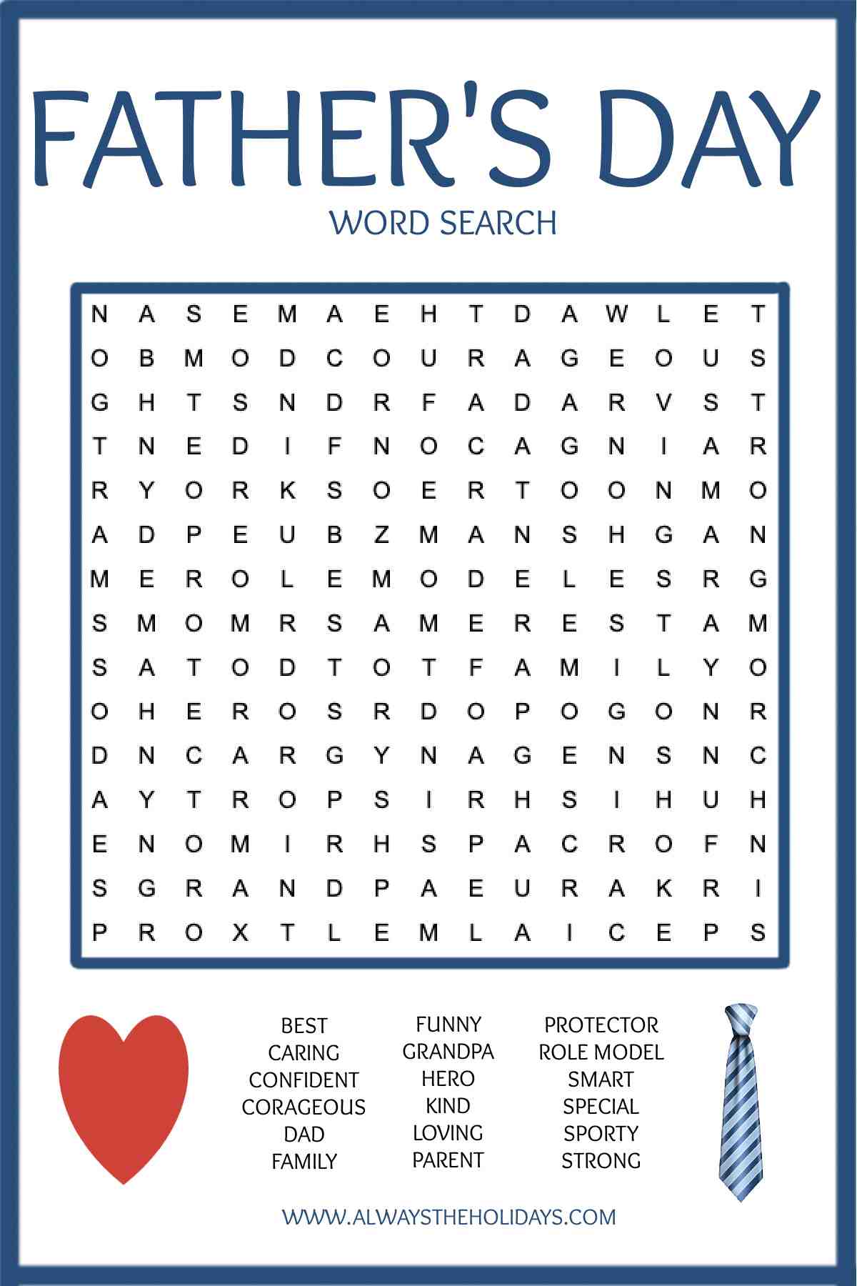 Easy word search for Father's Day with a free word search printable puzzle in the middle, a word bank at the bottom and the words "Father's Day" at the top.