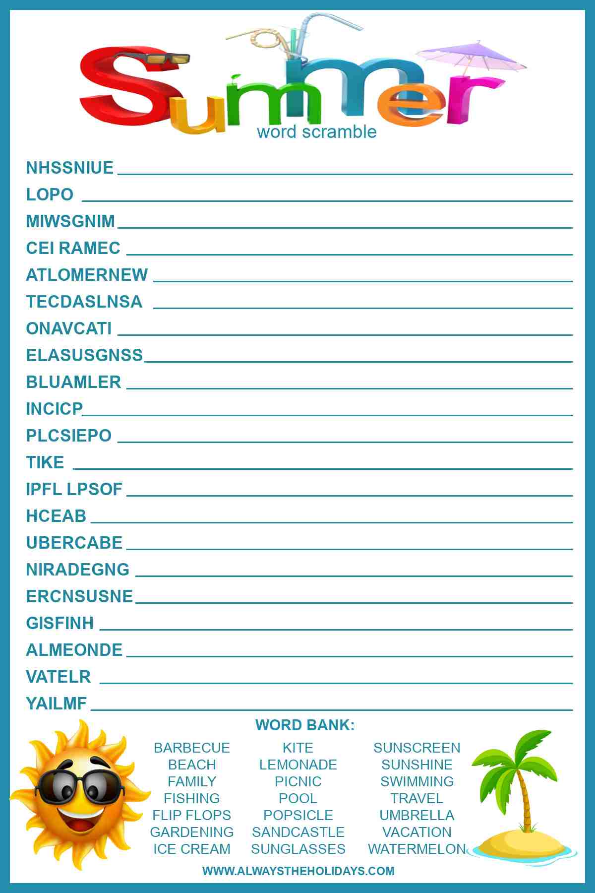 A summer printable word scramble for kids with the word "summer" at the top in rainbow letters and a word bank at the bottom.