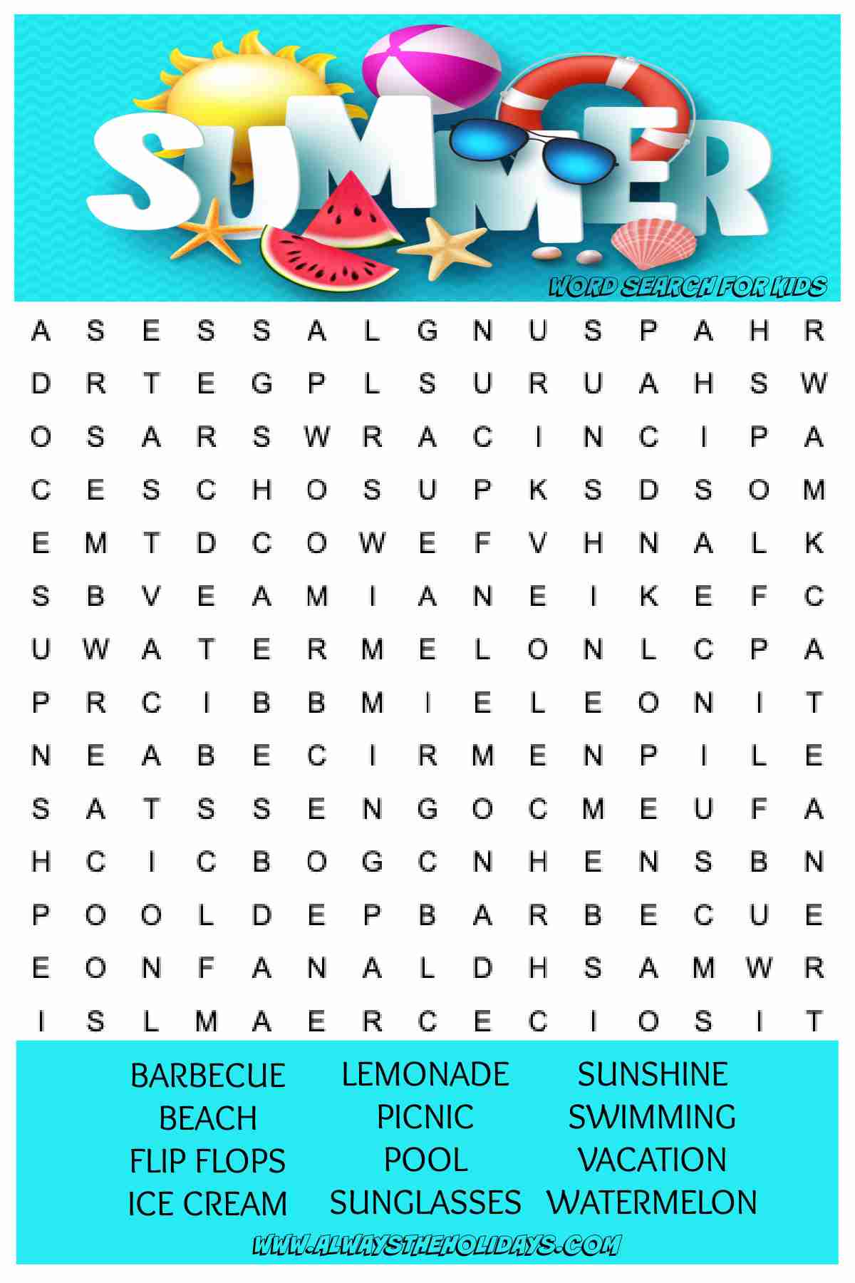 A printable summer word search for kids in with a word bank at the bottom, and the word summer at the top surrounded by beach day items.