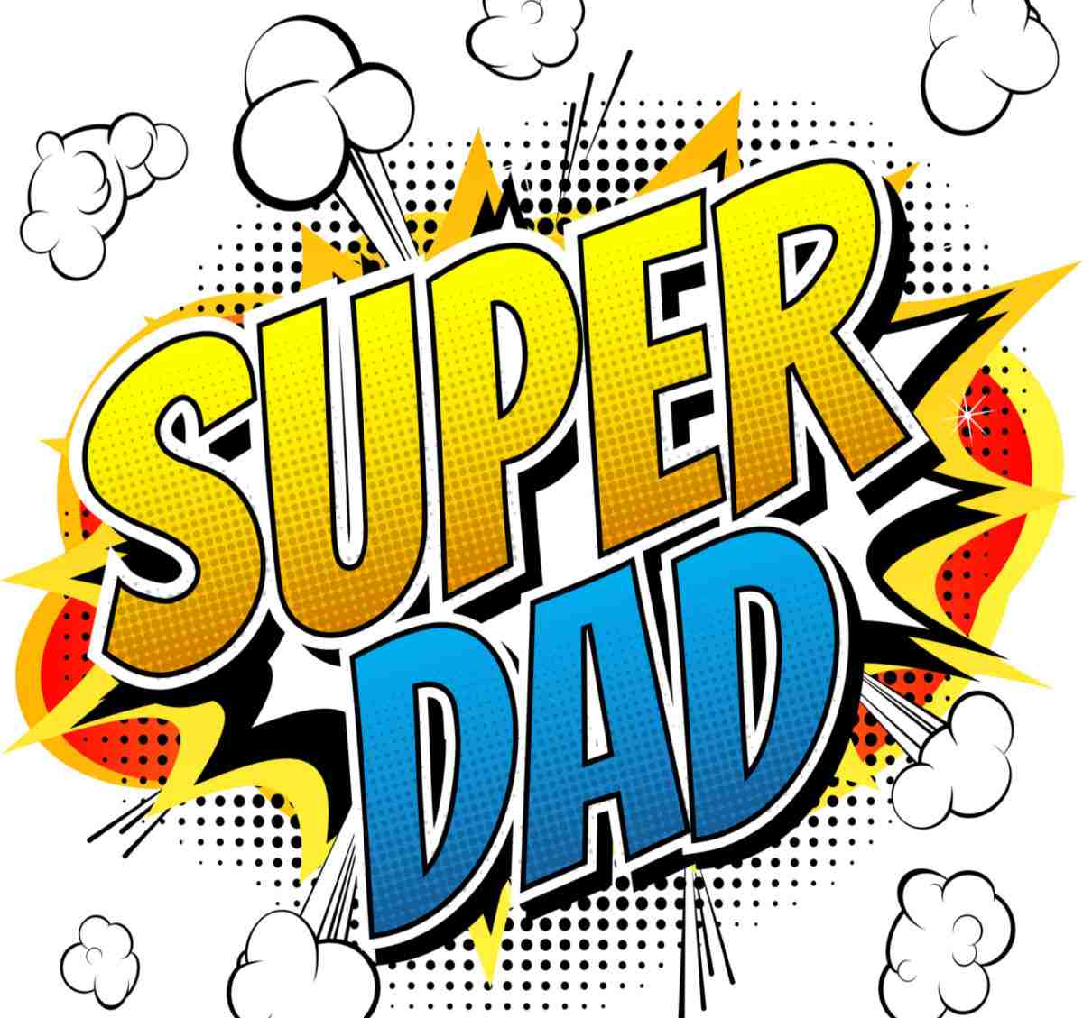 A clip art graphic that reads "Super Dad" for Father's Day in a comic book font.