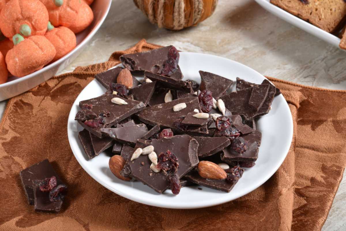Dark chocolate bark with almonds and dried fruit on a table with fall placemats underneath it.