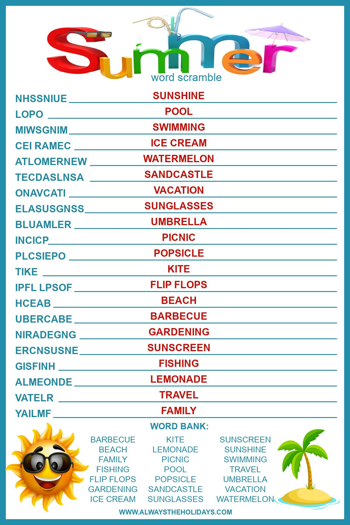 Summer Word Scramble with Answers - Free Summer Printable for Kids