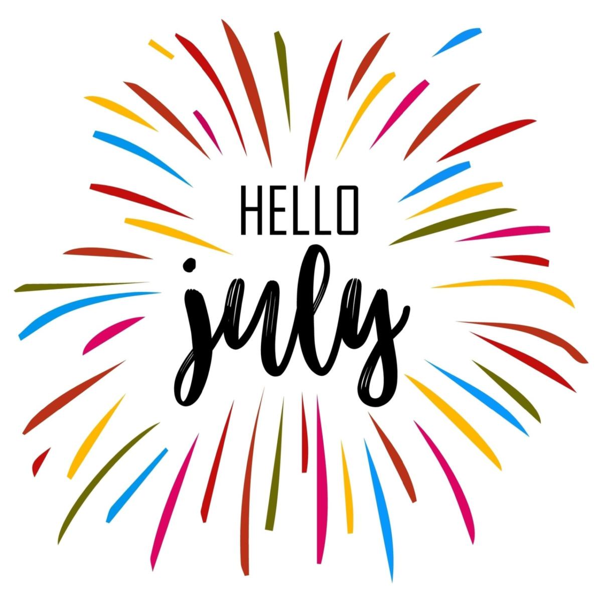 The words "Hello July" inside the center of a firework illustration.