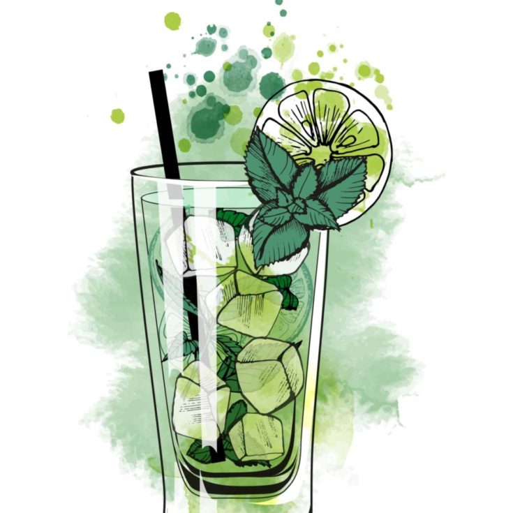 An illustrated mojito cocktail image on a white background with green tie dye bokeh around it.