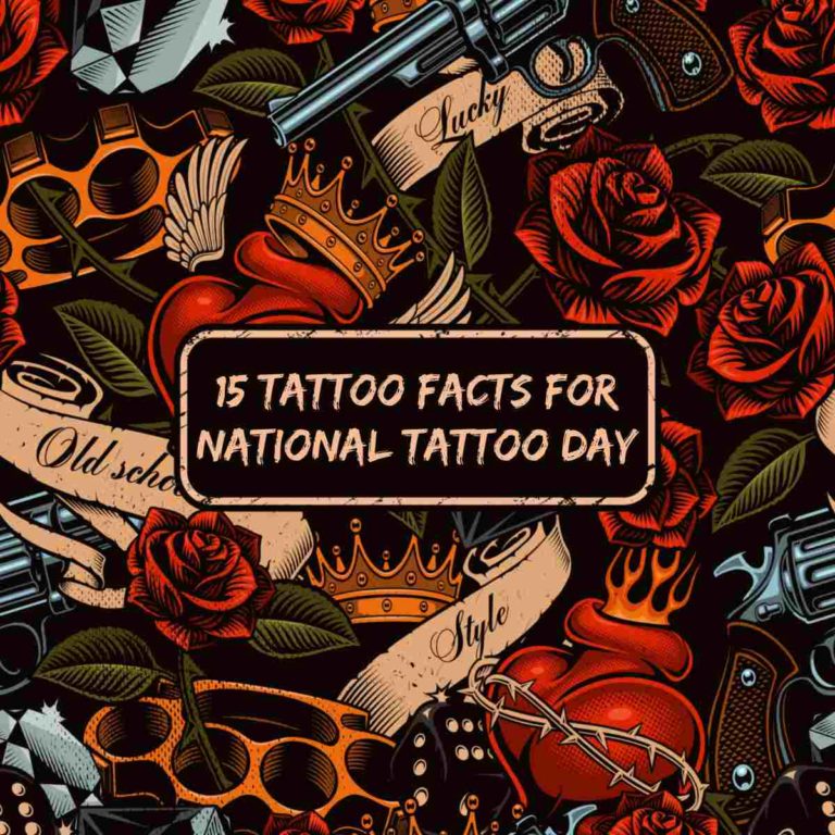 A bunch of tattoo designs all overlapping each other in autumnal tones with a text overlay above it them that read "15 tattoo facts for National Tattoo Day".