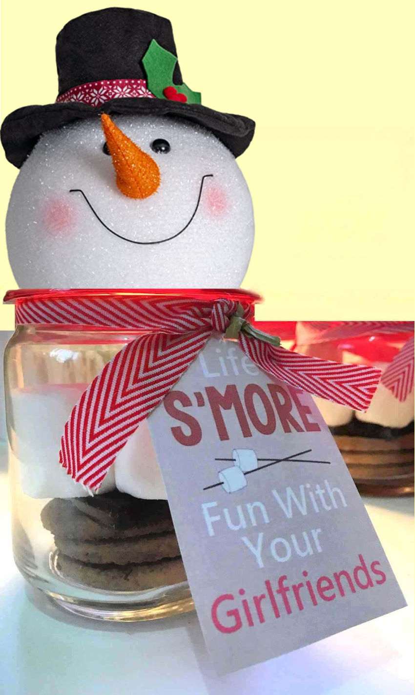 Smores in a jar with label and snowman head.