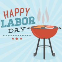 A blue background with vector image of a barbecue grill for labor day with hotdogs and a steak on the grill plate with the text 