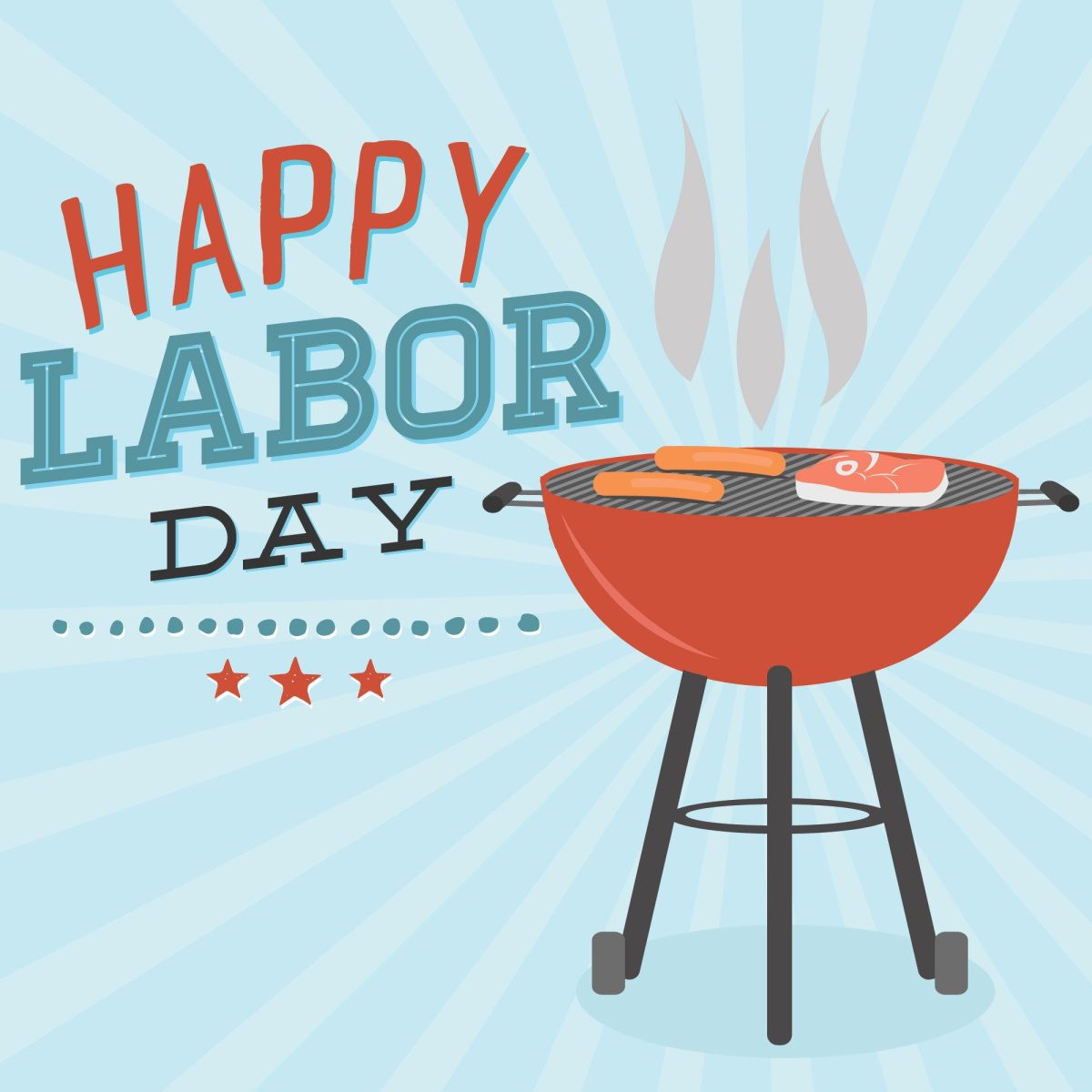 A blue background with vector image of a barbecue grill for labor day with hotdogs and a steak on the grill plate with the text "Happy Labor Day" beside it.