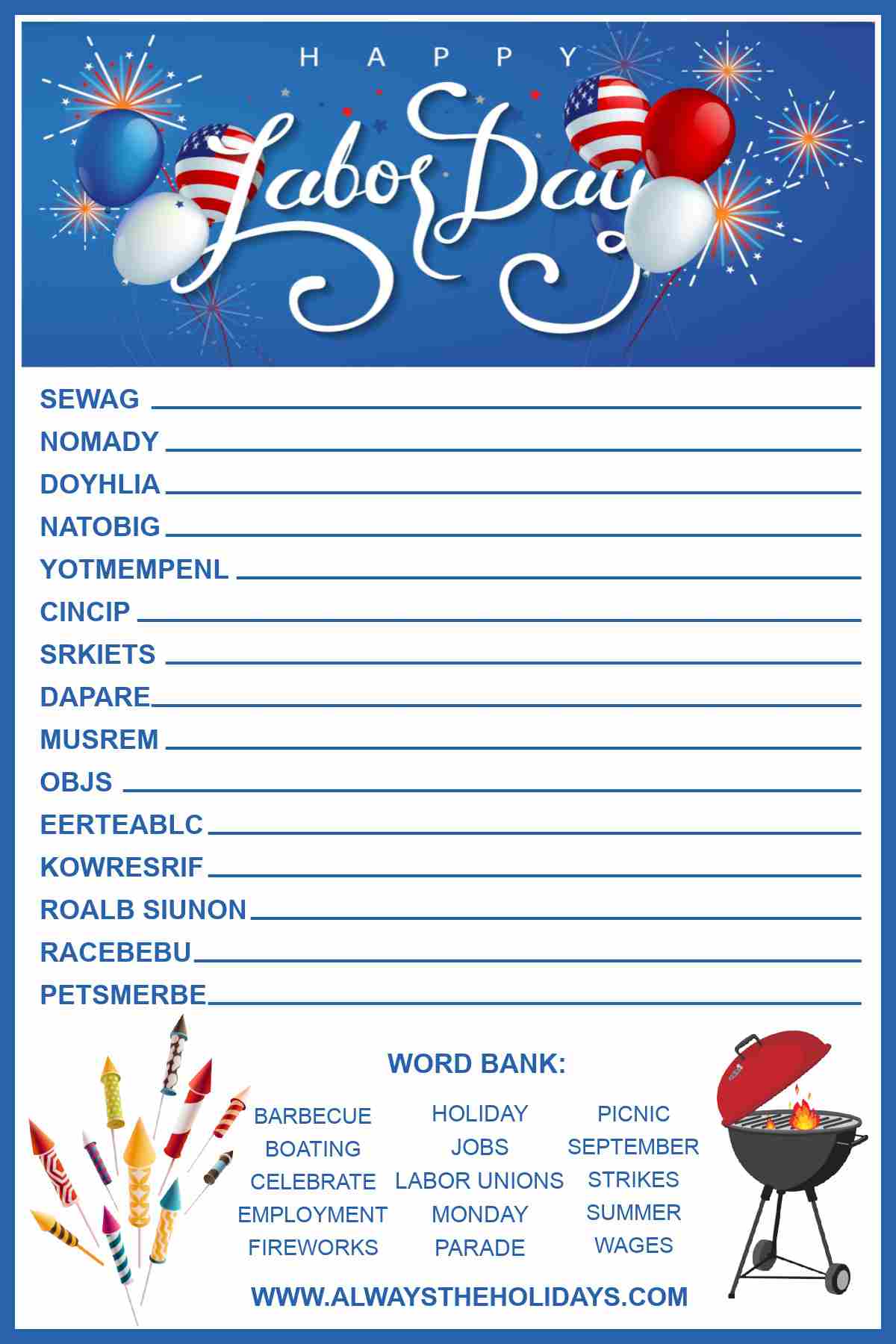 A free Labor Day word scramble printable with a word bank at the bottom, the words "Labor Day" at the top, surrounded by balloons and fifteen scrambled words in the center of the image.