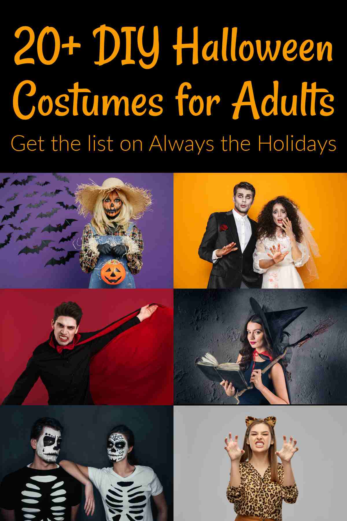 A text overlay that says "20+ DIY Halloween costumes for adults" with six adult Halloween costumes beneath it: a DIY scarecrow costume, two couples Halloween costume ideas, a homemade witch costume, an easy vampire costume and a DIY cat Halloween Costume.