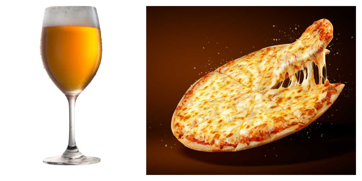 Cheese pizza and glass of beer.