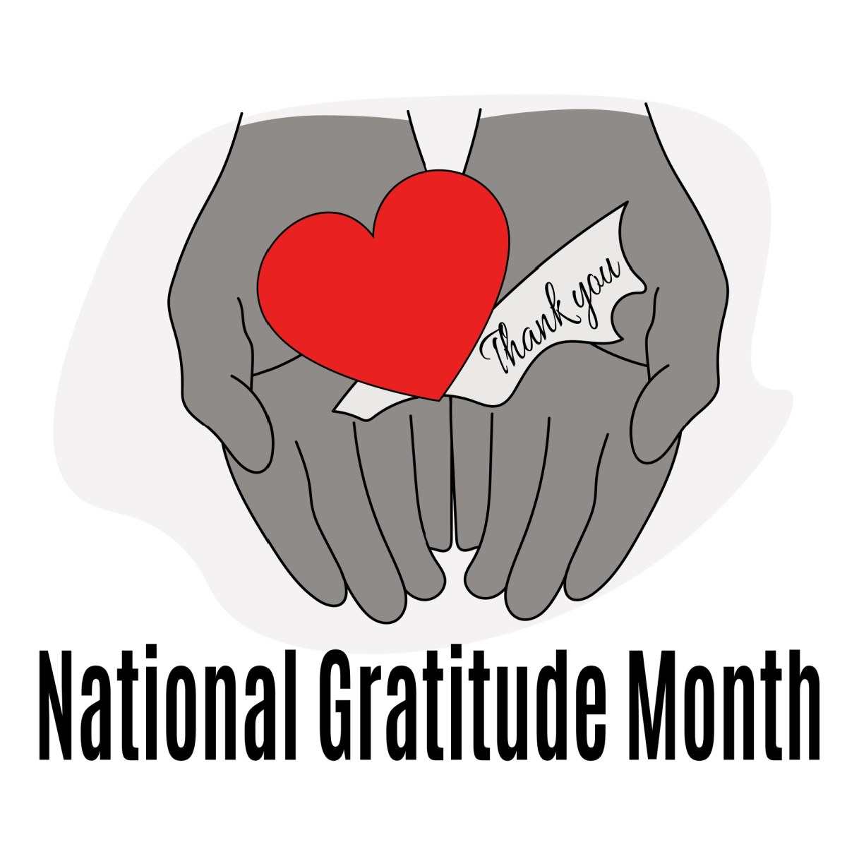 A black and white photo of hands holding a red heart and a piece of paper that reads "thank you" over a black text overlay for National Gratitude Month in November.