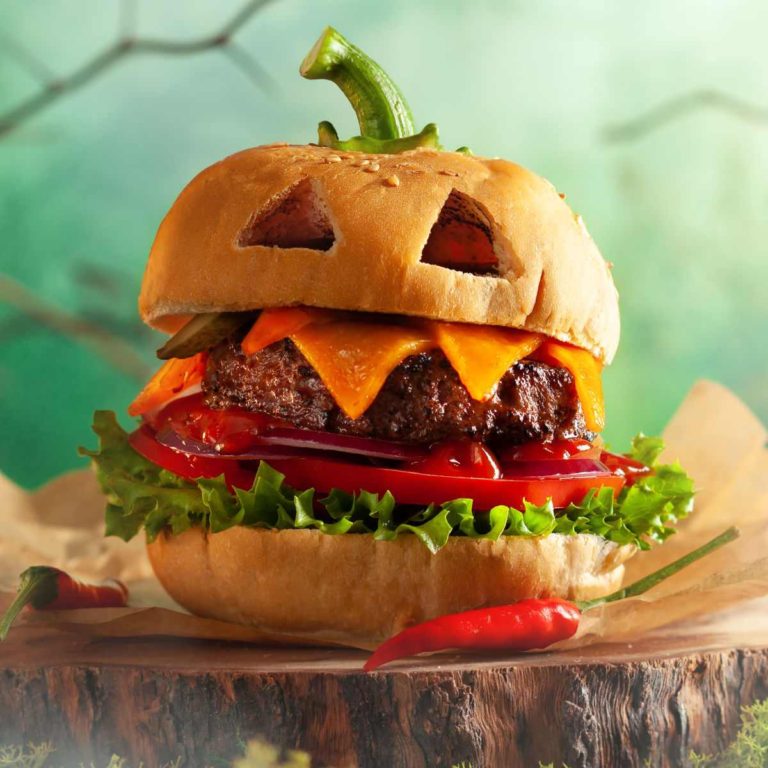 Burger formed liked a jack-o-lantern.